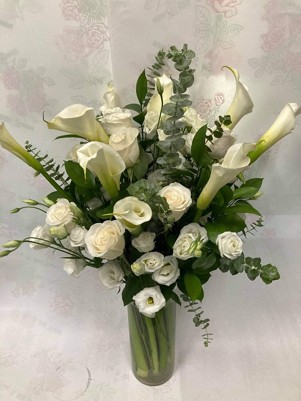 White Calla Lilys, Roses, and Lisianthus image 0