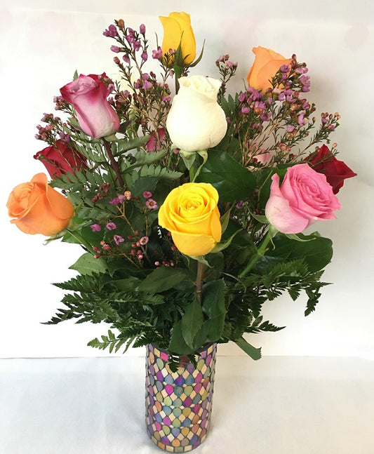 12 long stem multi-color roses, in vase - valentines day image 0