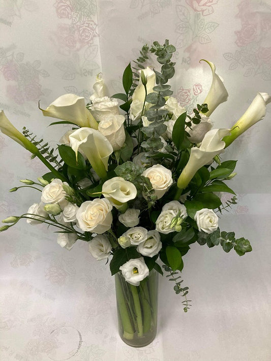 White Calla Lilys, Roses, and Lisianthus image 0